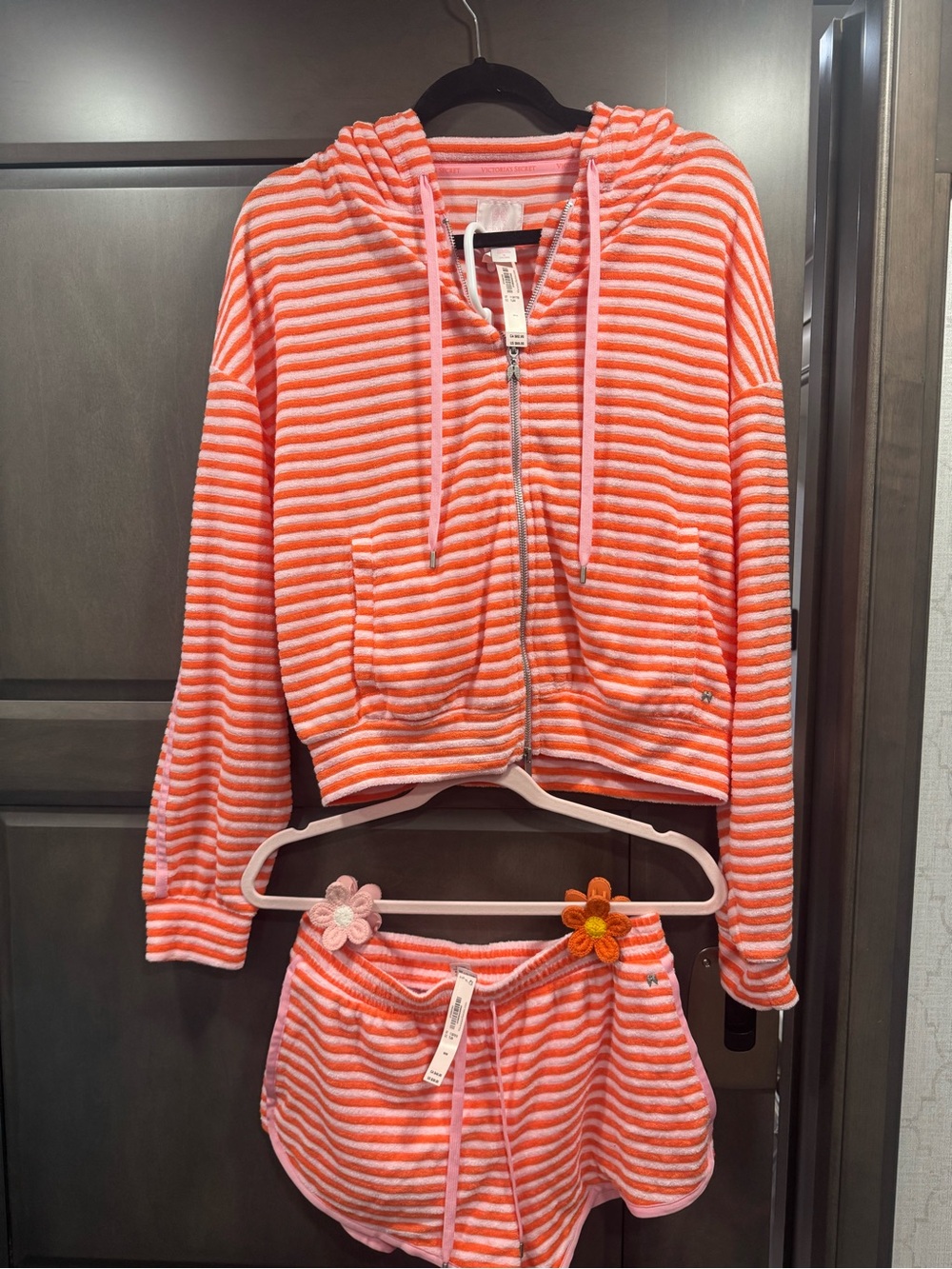 Victoria’s Secret ' Pink & White Striped Hooded terry set - Zip Hoodie & Shorts
